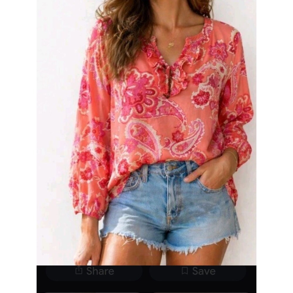 Talbots Coral Pink Paisley Ruffle V-Neck Blouse